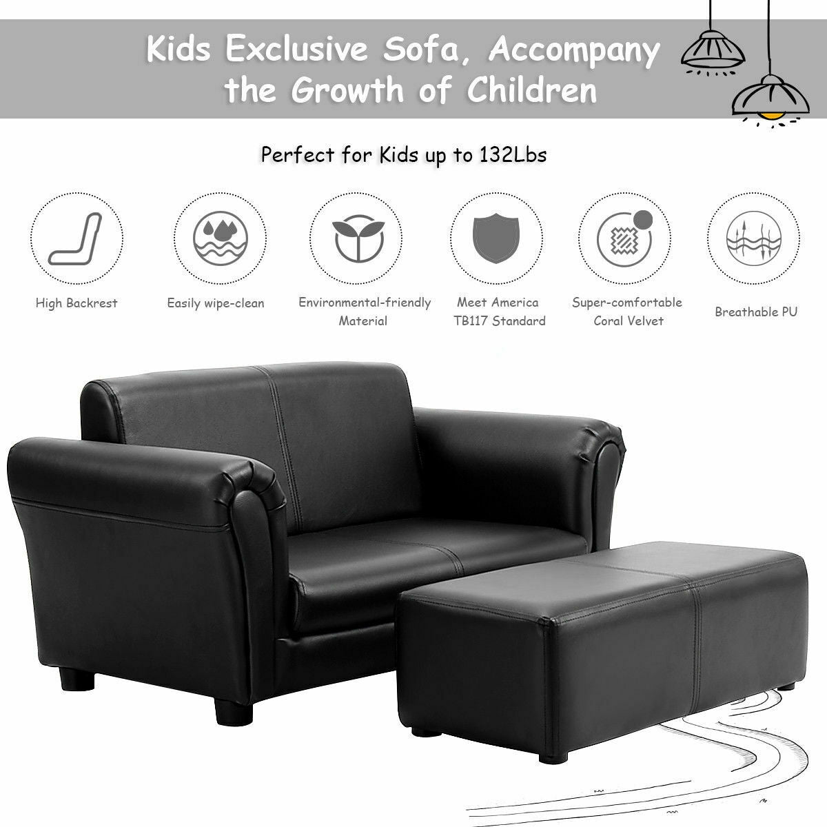 Kids Double Sofa with Ottoman-Black