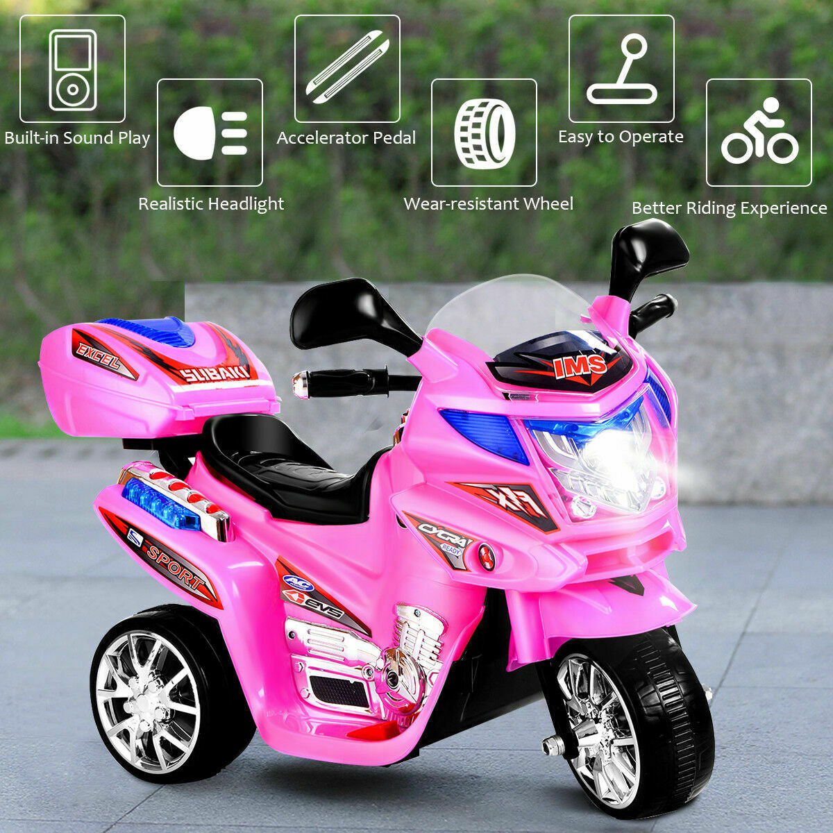 6V Powered 3 Wheels Kids Electric Ride-on Toy Motorcycle-Pink, assembled