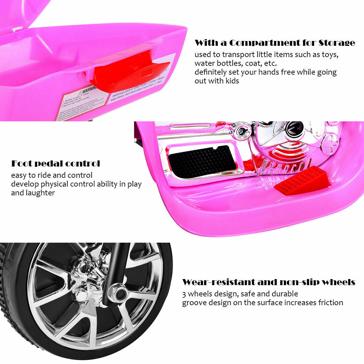 6V Powered 3 Wheels Kids Electric Ride-on Toy Motorcycle-Pink, assembled
