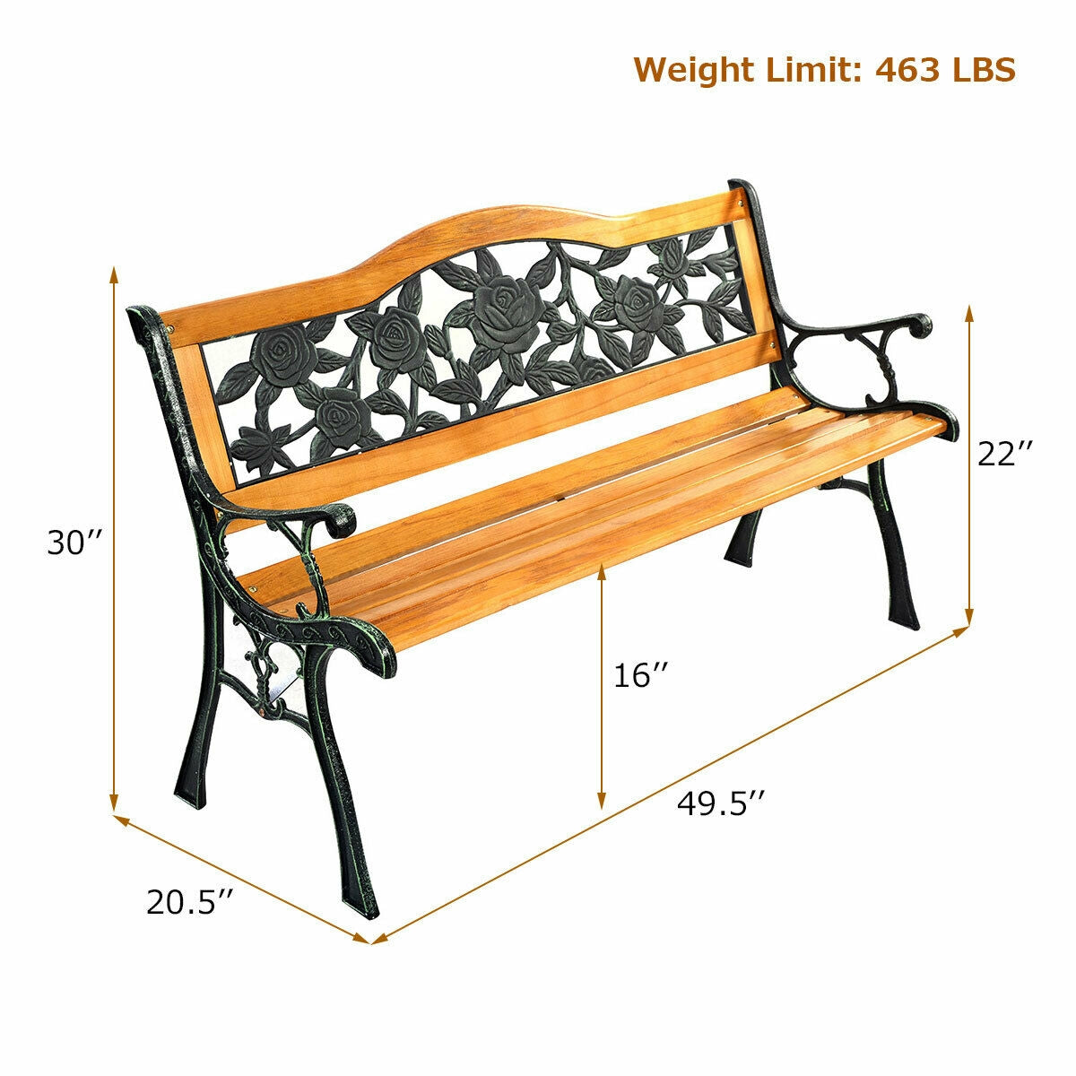 50'' Patio Park Garden Bench, Outdoor Furniture Rose Cast Iron Hardwood Frame (Fully Assembled)