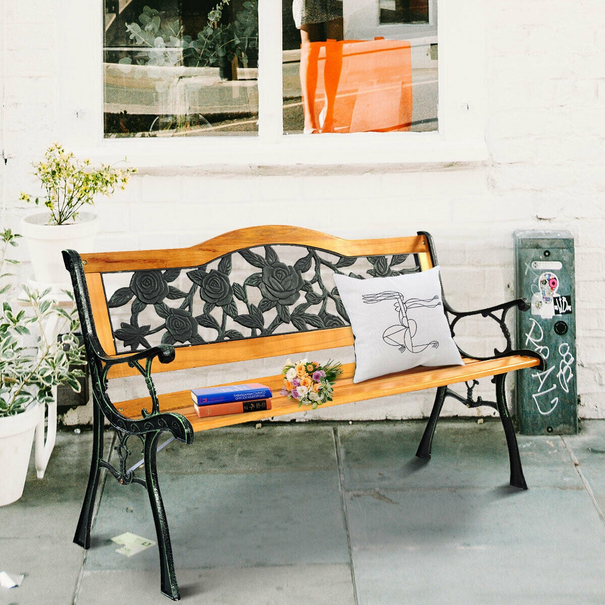 50'' Patio Park Garden Bench, Outdoor Furniture Rose Cast Iron Hardwood Frame (Fully Assembled)