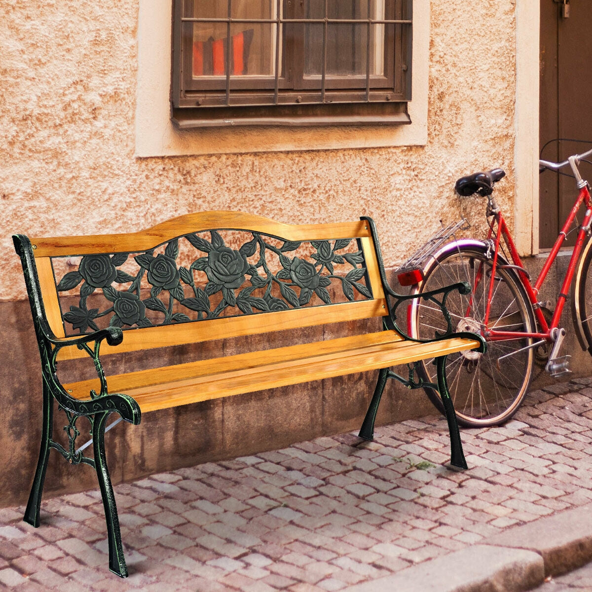 50'' Patio Park Garden Bench, Outdoor Furniture Rose Cast Iron Hardwood Frame (Fully Assembled)