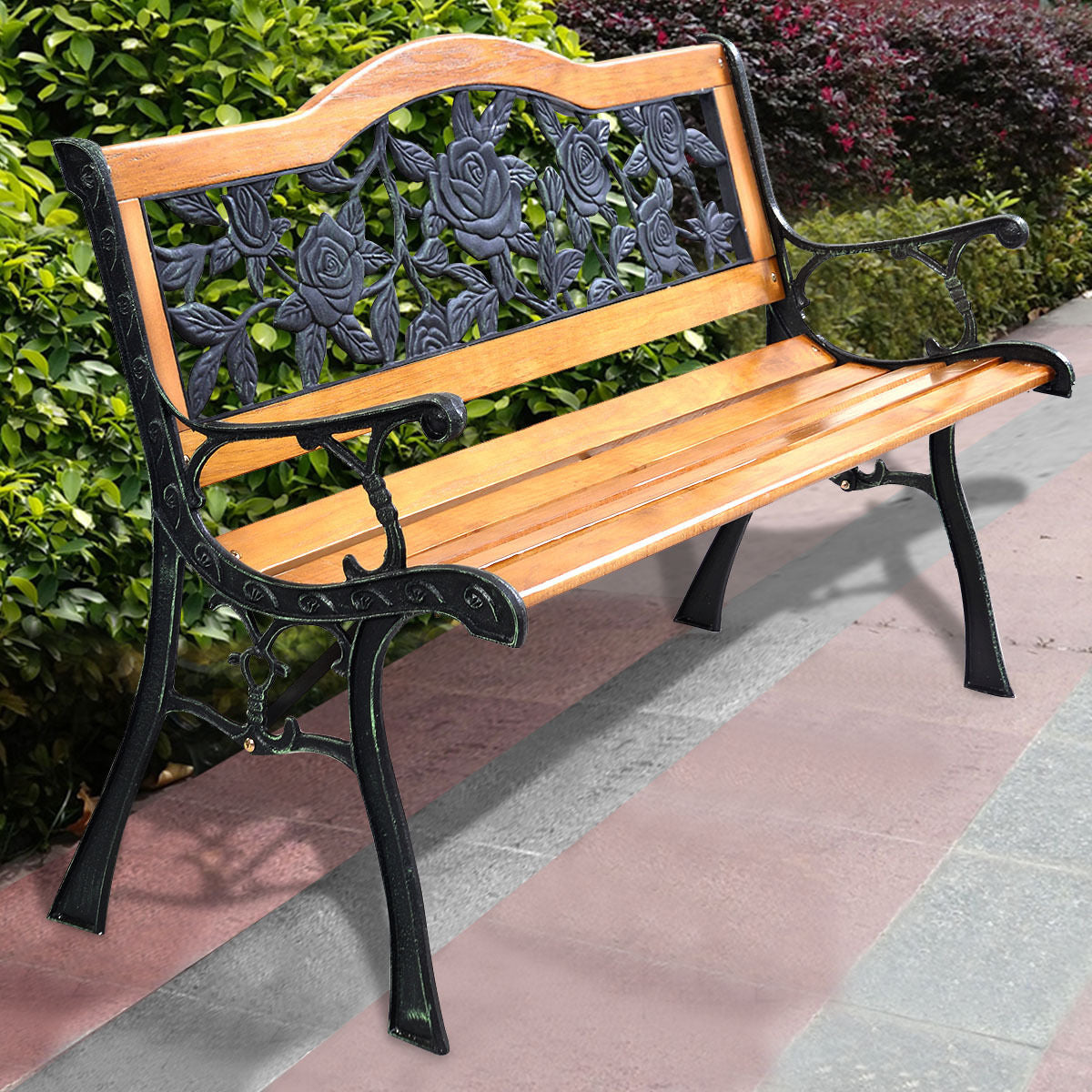 50'' Patio Park Garden Bench, Outdoor Furniture Rose Cast Iron Hardwood Frame (Fully Assembled)