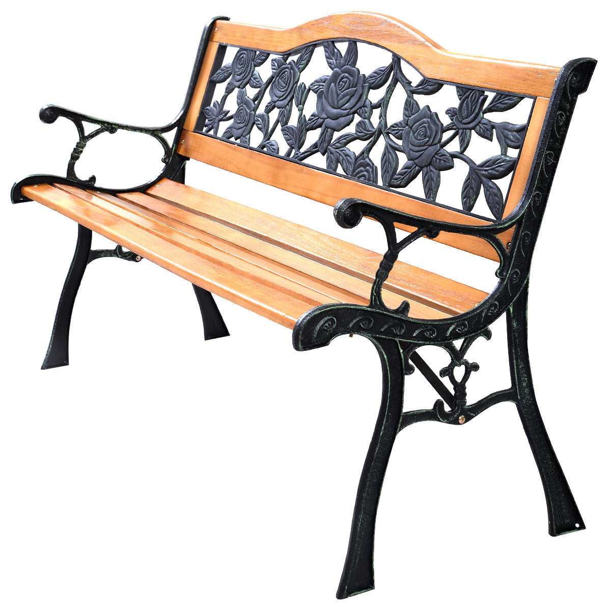 50'' Patio Park Garden Bench, Outdoor Furniture Rose Cast Iron Hardwood Frame (Fully Assembled)