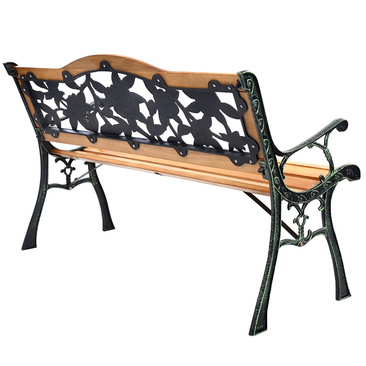 50'' Patio Park Garden Bench, Outdoor Furniture Rose Cast Iron Hardwood Frame (Fully Assembled)