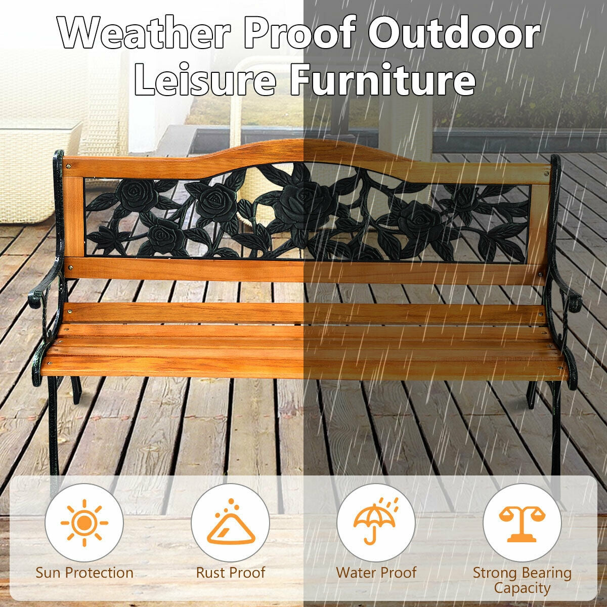 50'' Patio Park Garden Bench, Outdoor Furniture Rose Cast Iron Hardwood Frame (Fully Assembled)