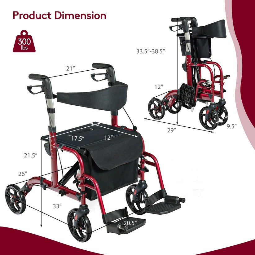 2 in 1 Folding Rollator Walker, 4 Wheel Medical Rolling Walker