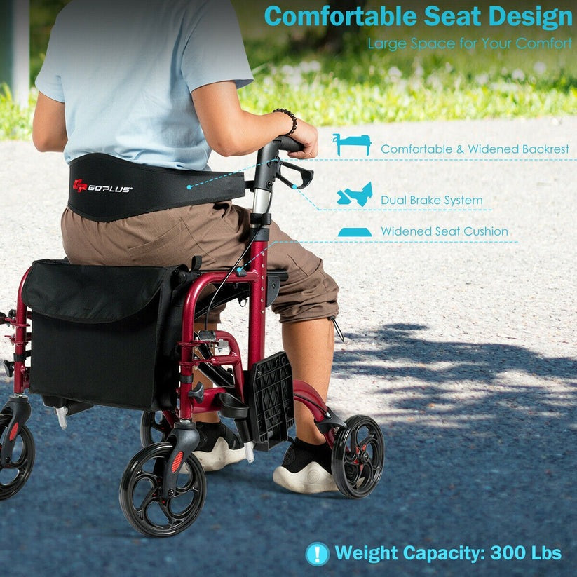 2 in 1 Folding Rollator Walker, 4 Wheel Medical Rolling Walker