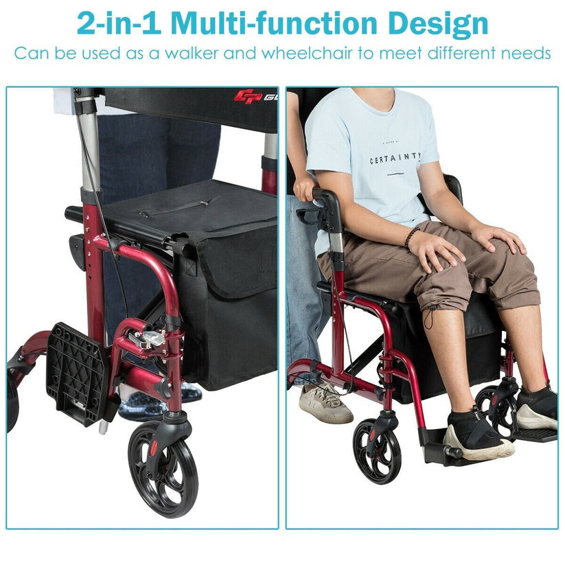 2 in 1 Folding Rollator Walker, 4 Wheel Medical Rolling Walker