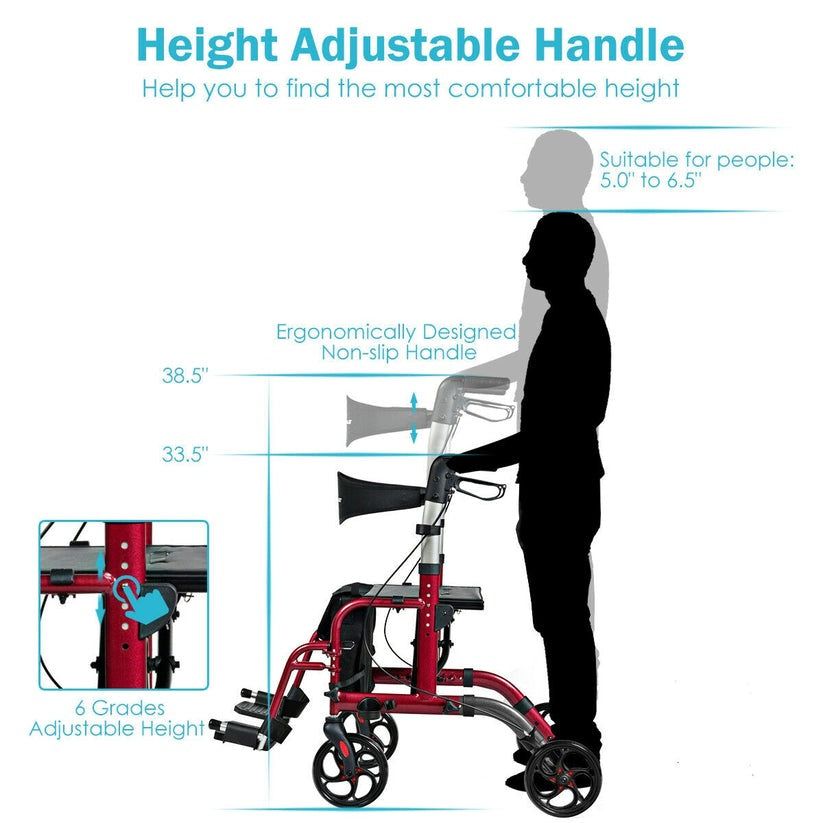 2 in 1 Folding Rollator Walker, 4 Wheel Medical Rolling Walker
