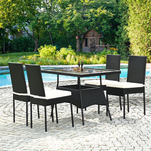 5 Pieces Outdoor Patio Rattan Dining Set with Glass Top with Cushions, Assembled