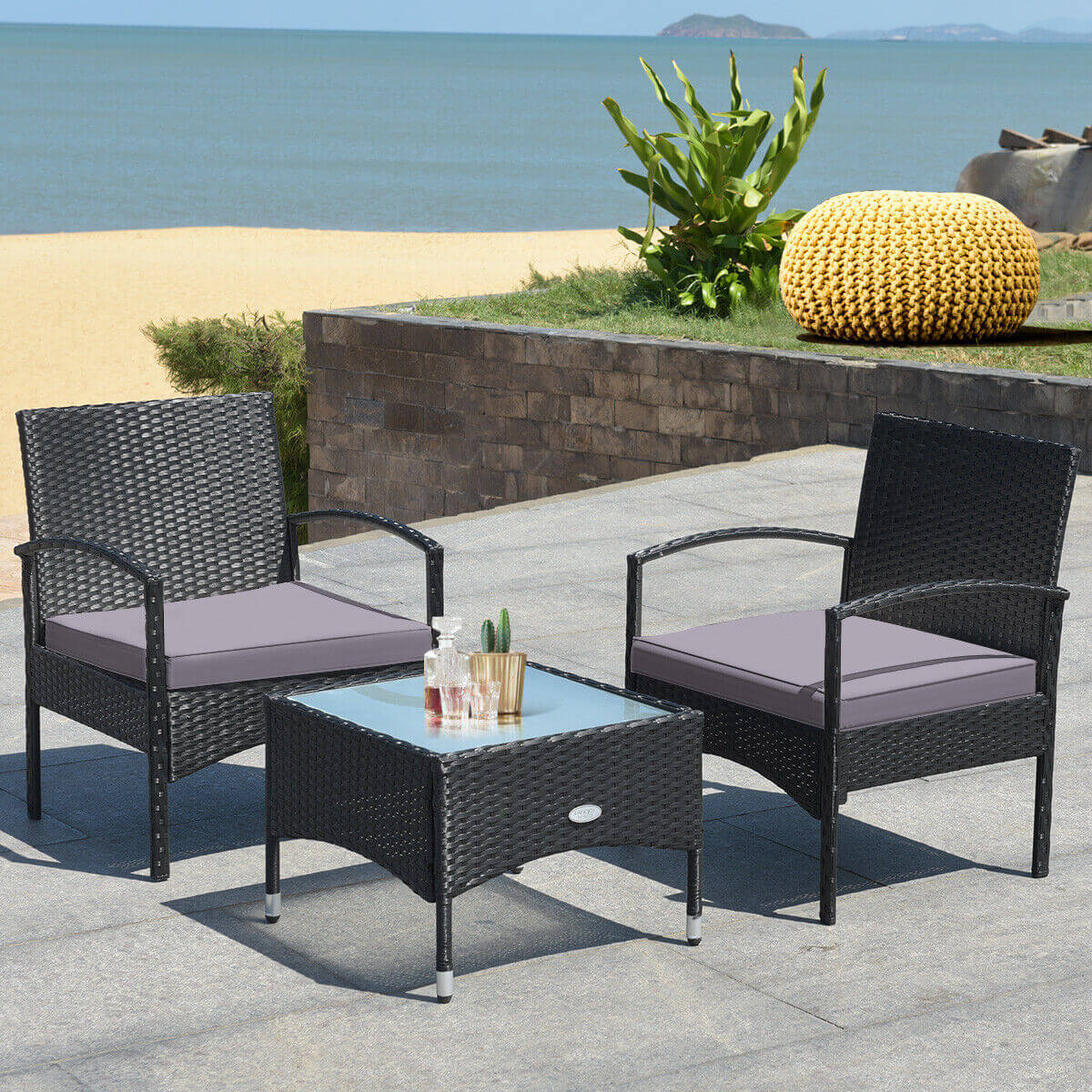 3 Pieces Patio Wicker Rattan Furniture Set with Cushion -Gray (Fully Assembled)