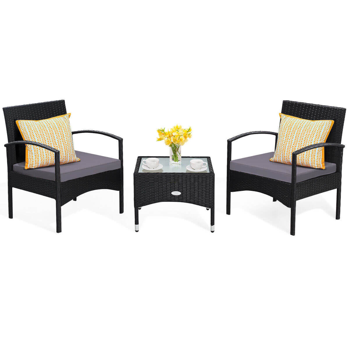 3 Pieces Patio Wicker Rattan Furniture Set with Cushion -Gray (Fully Assembled)