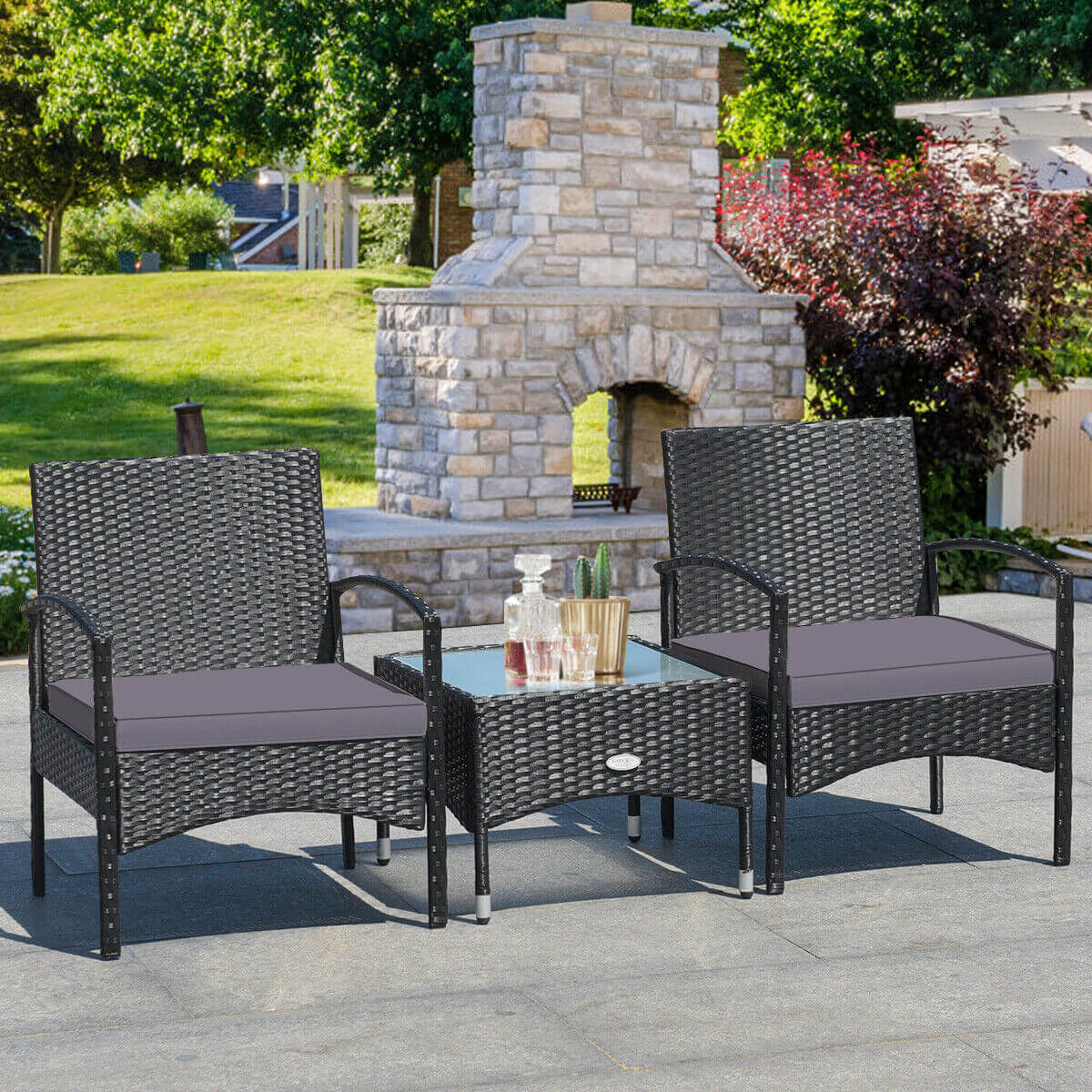 3 Pieces Patio Wicker Rattan Furniture Set with Cushion -Gray (Fully Assembled)