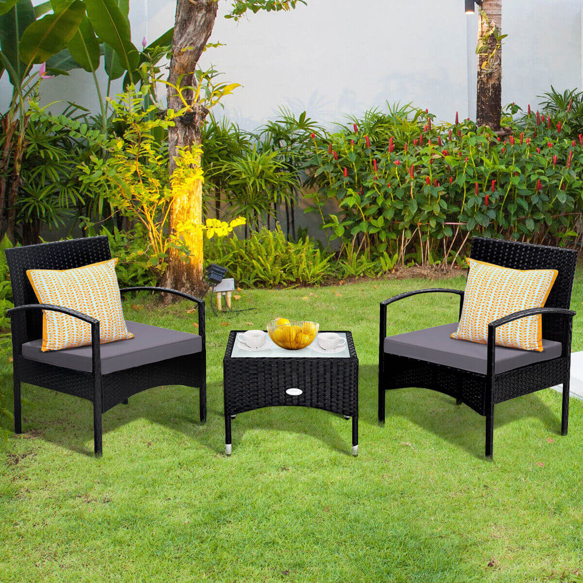 3 Pieces Patio Wicker Rattan Furniture Set with Cushion -Gray (Fully Assembled)