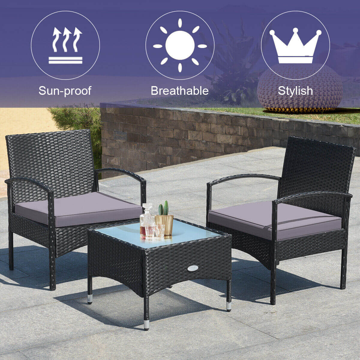 3 Pieces Patio Wicker Rattan Furniture Set with Cushion -Gray (Fully Assembled)