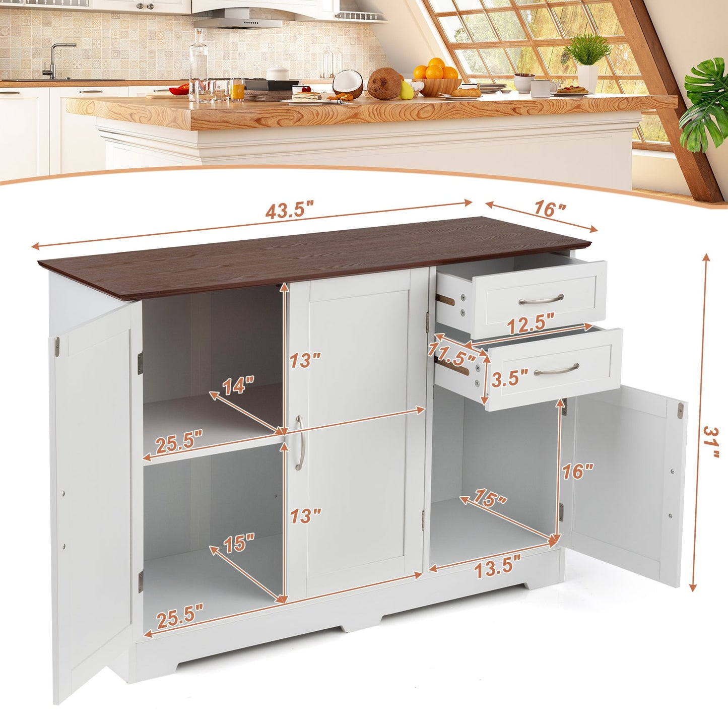 Buffet Storage Cabinet  Kitchen Sideboard with 2 Drawers-White