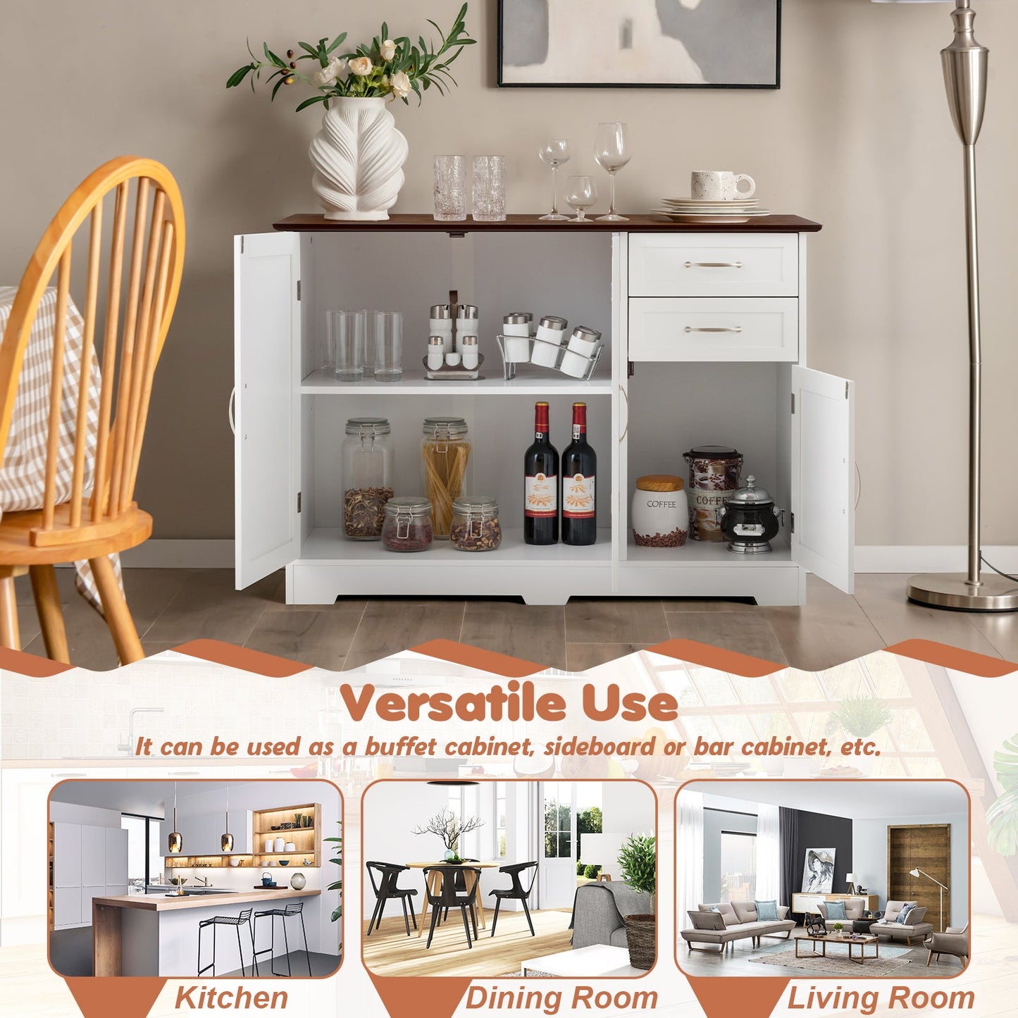 Buffet Storage Cabinet  Kitchen Sideboard with 2 Drawers-White