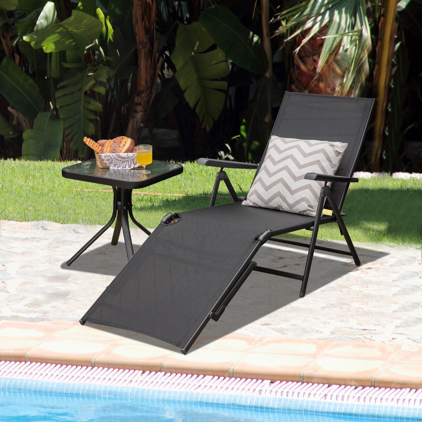 Patio Foldable Chaise Lounge Chair with Backrest and Footrest-Black, Customer Return / Tested