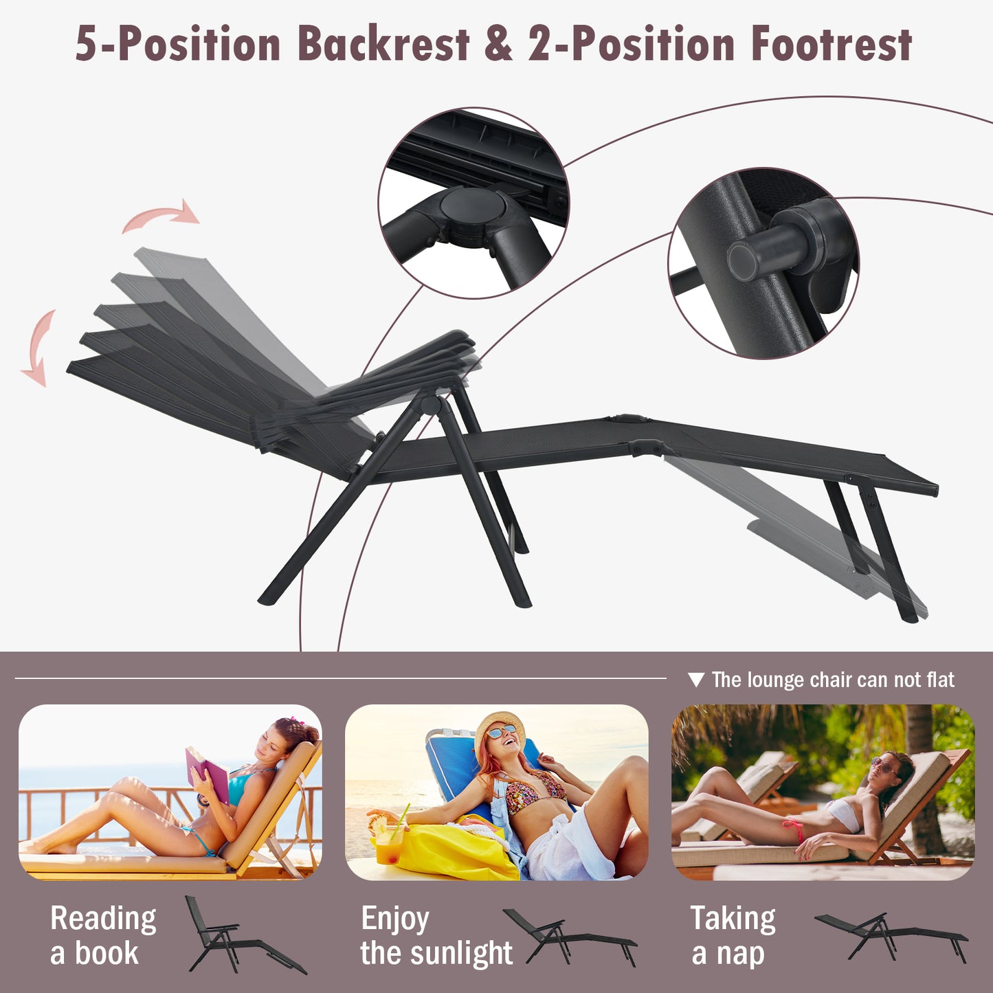 Patio Foldable Chaise Lounge Chair with Backrest and Footrest-Black, Customer Return / Tested
