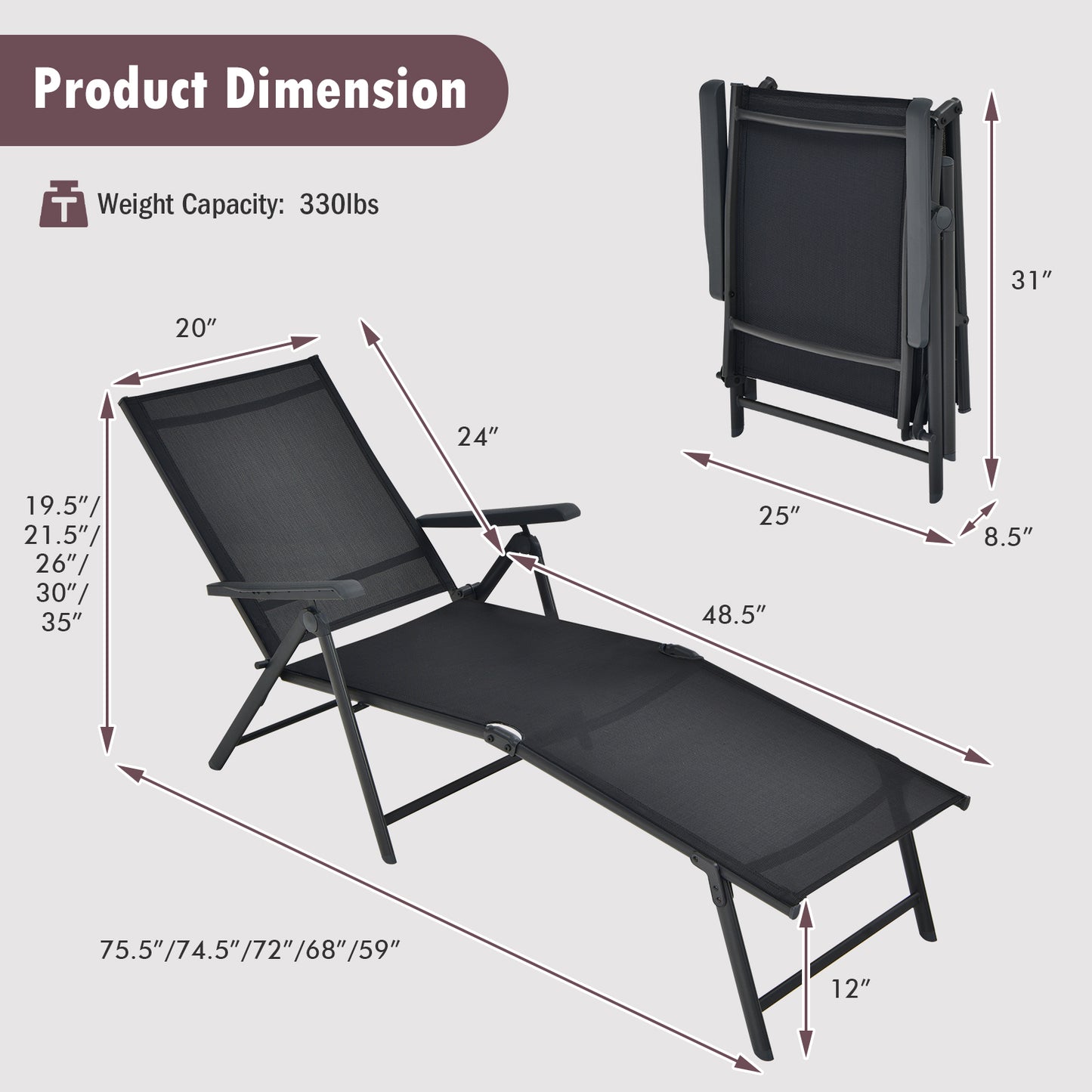 Patio Foldable Chaise Lounge Chair with Backrest and Footrest-Black, Customer Return / Tested
