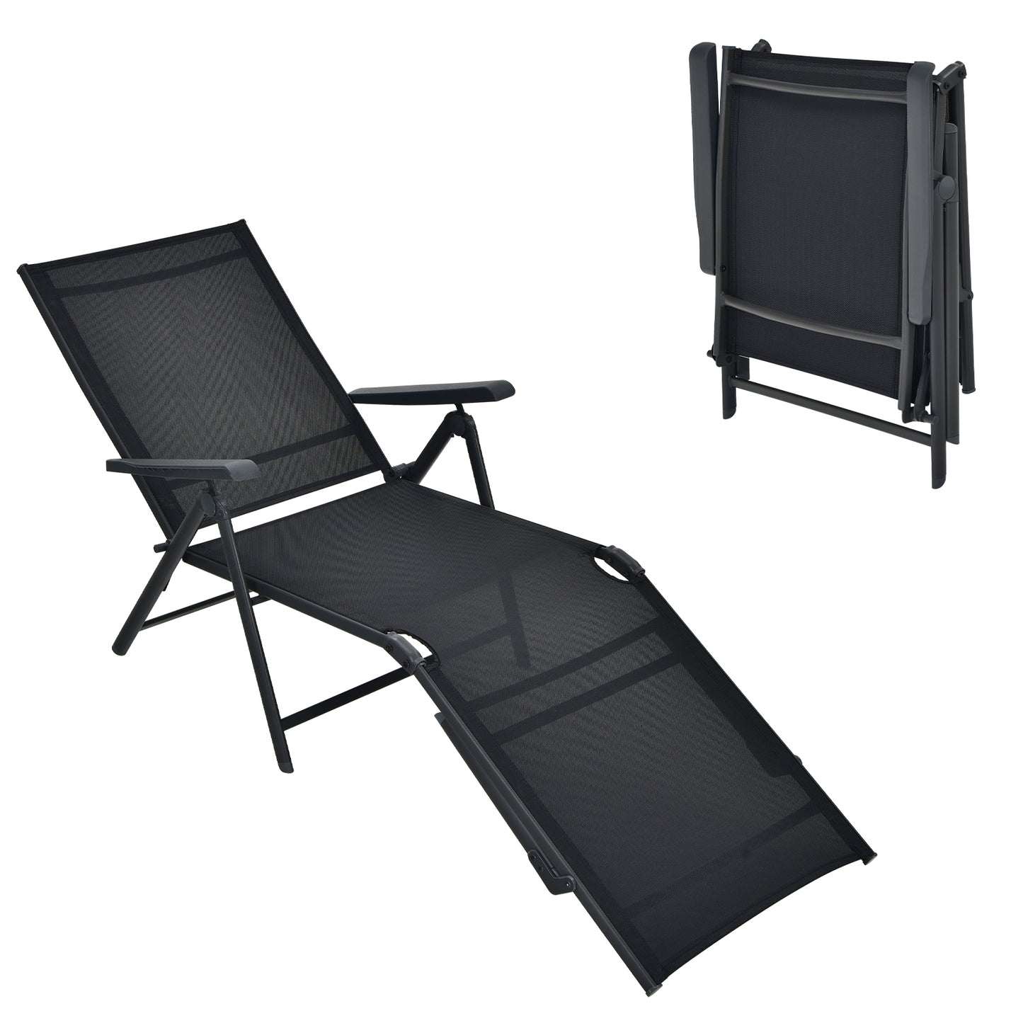 Patio Foldable Chaise Lounge Chair with Backrest and Footrest-Black, Customer Return / Tested