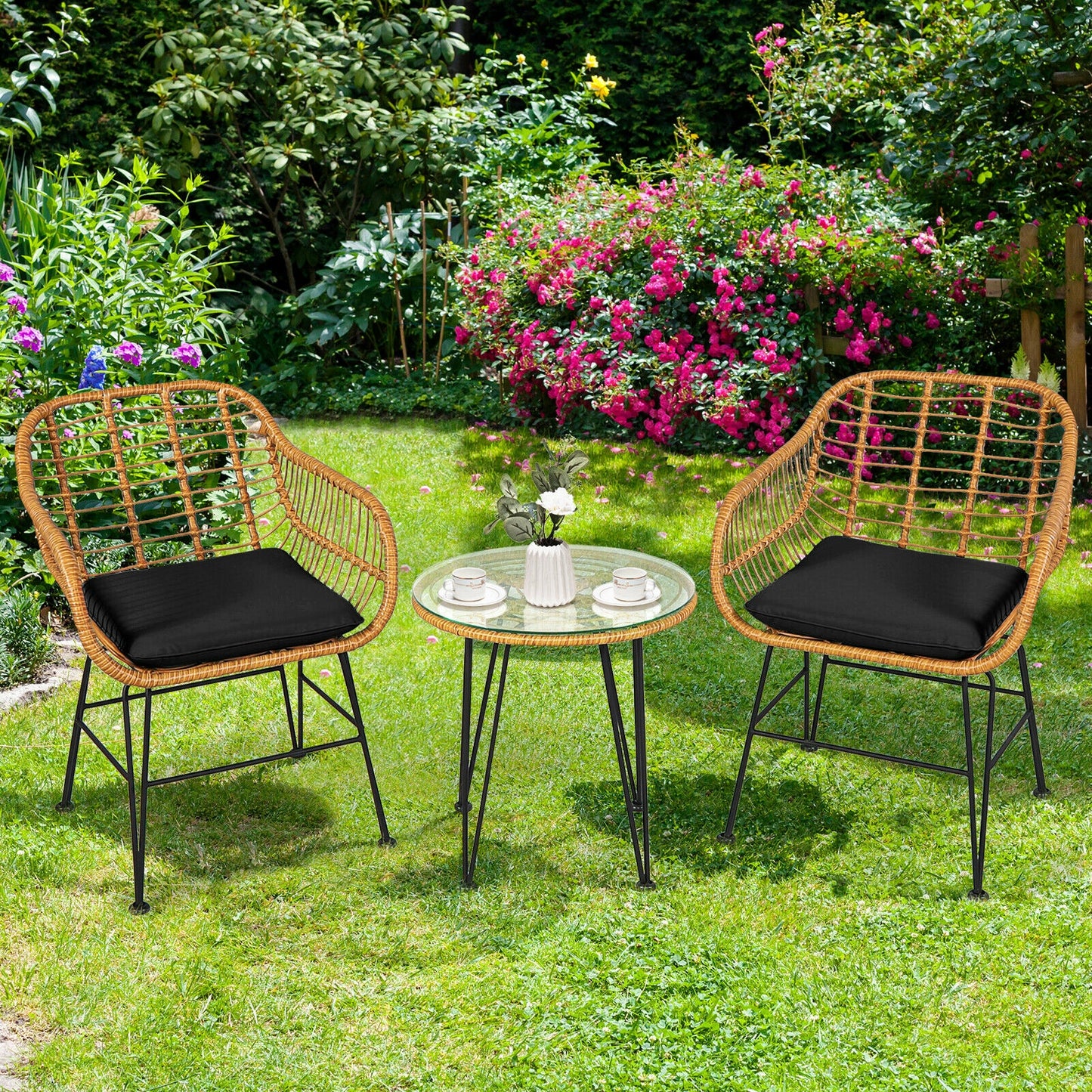 3 Pieces Rattan Furniture Set with Cushioned Chair Table-Black (Assembled)