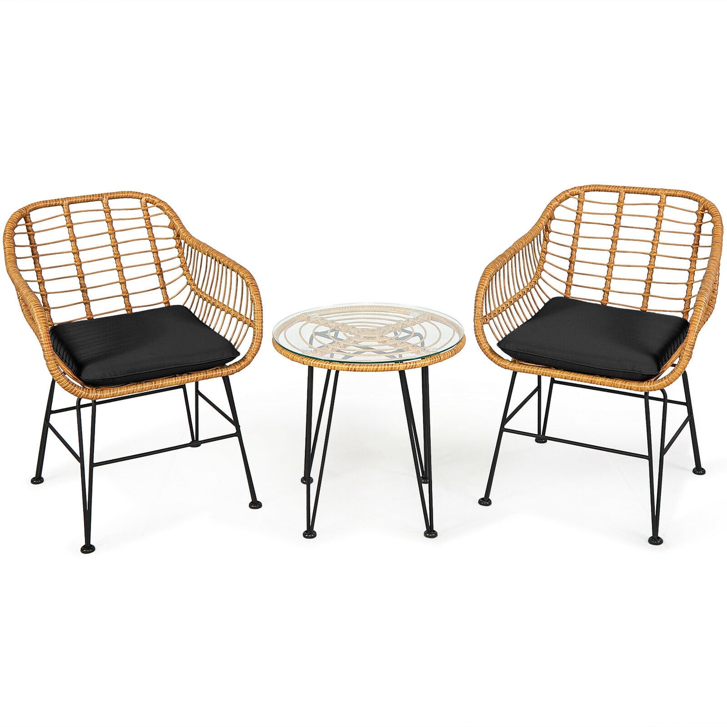 3 Pieces Rattan Furniture Set with Cushioned Chair Table-Black (Assembled)