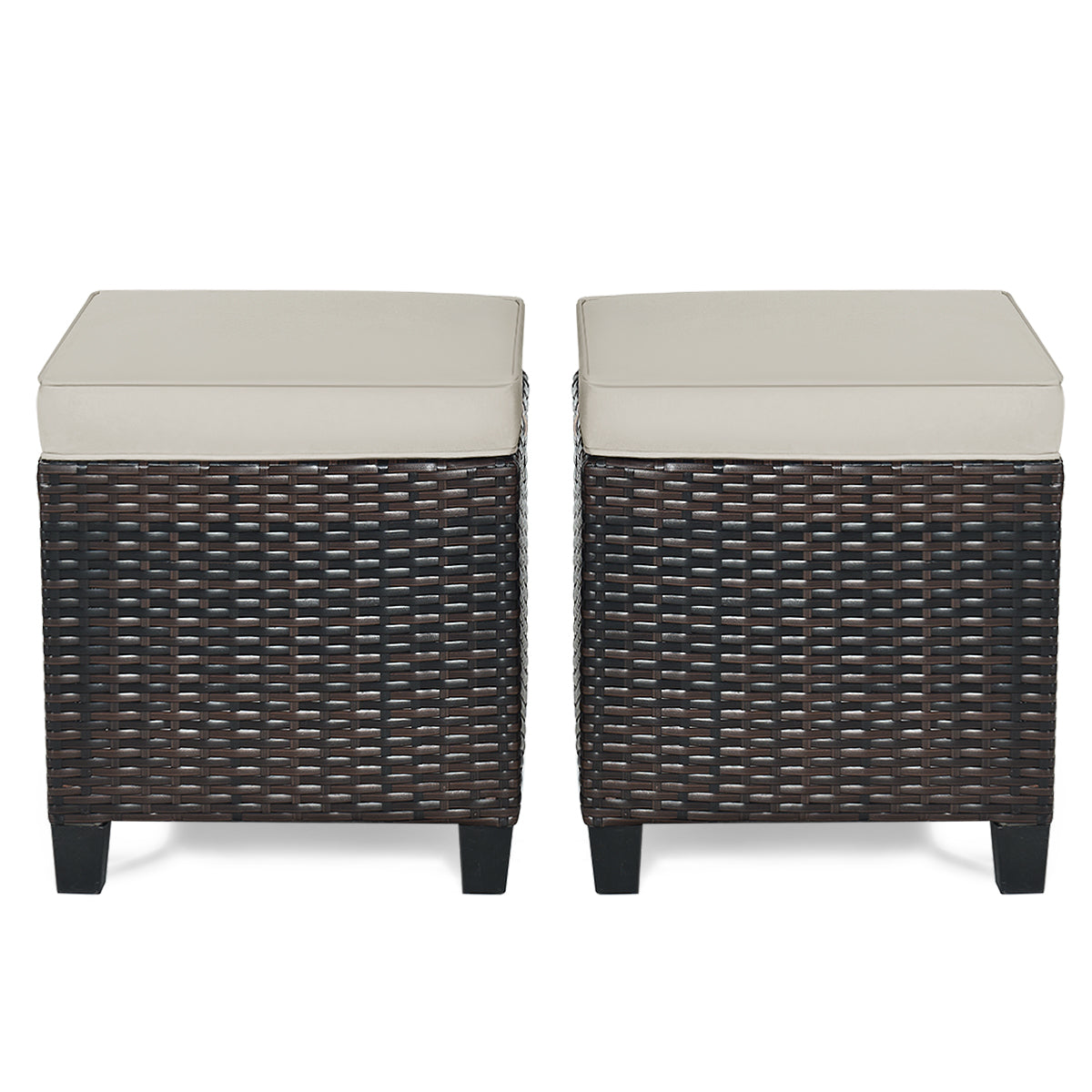 2 Pcs Patio Rattan Ottoman Cushioned Seat Foot Rest- Light Brown  (Fully Assembled)