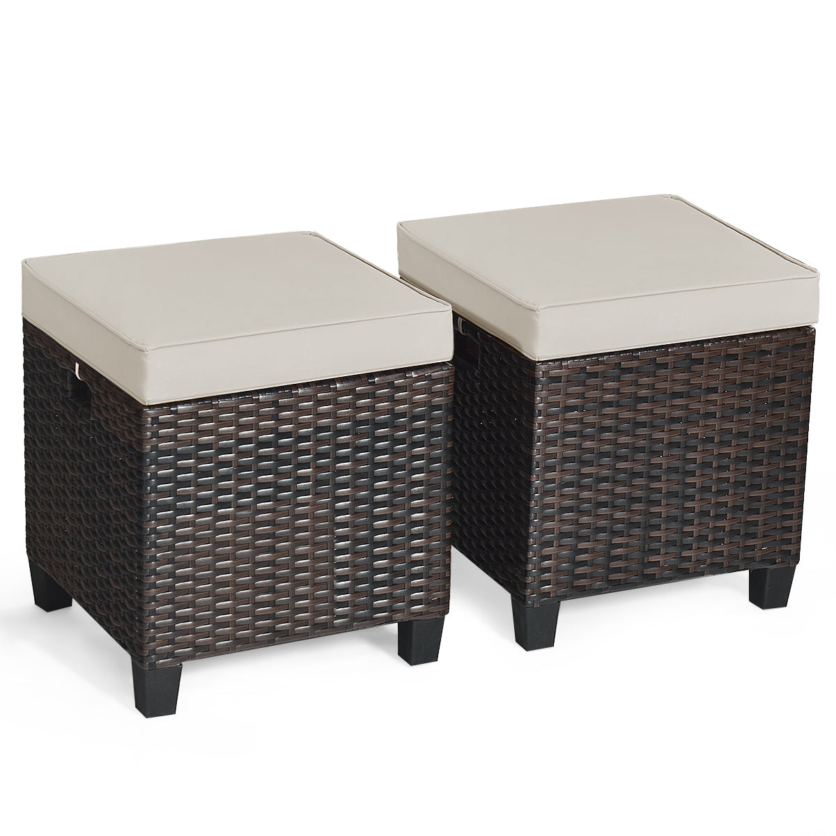 2 Pcs Patio Rattan Ottoman Cushioned Seat Foot Rest- Light Brown  (Fully Assembled)