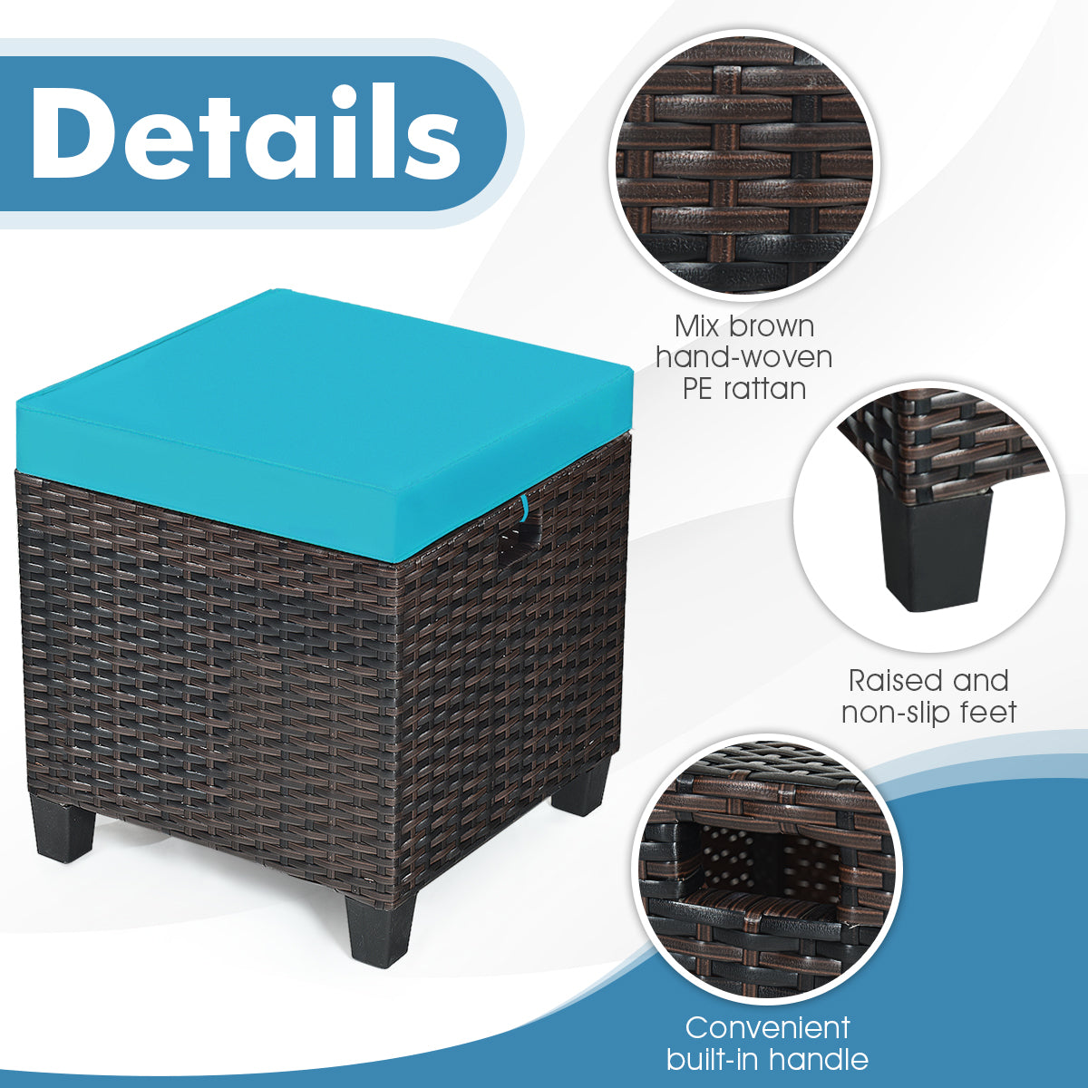 2PCS Patio Rattan Ottoman Cushioned Seat-Turquoise