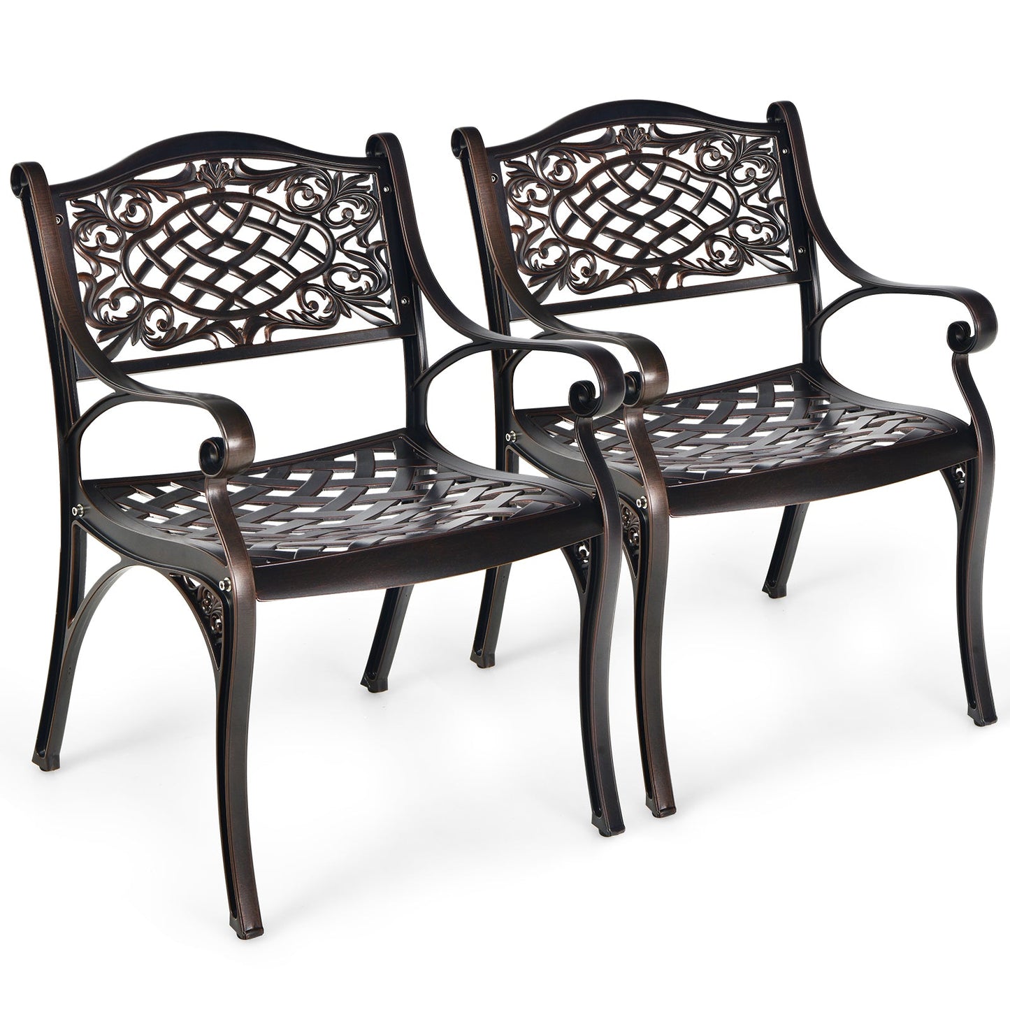2-Piece Outdoor Cast Aluminum Chairs with Armrests and Curved Seats-Copper, Fully Assembled