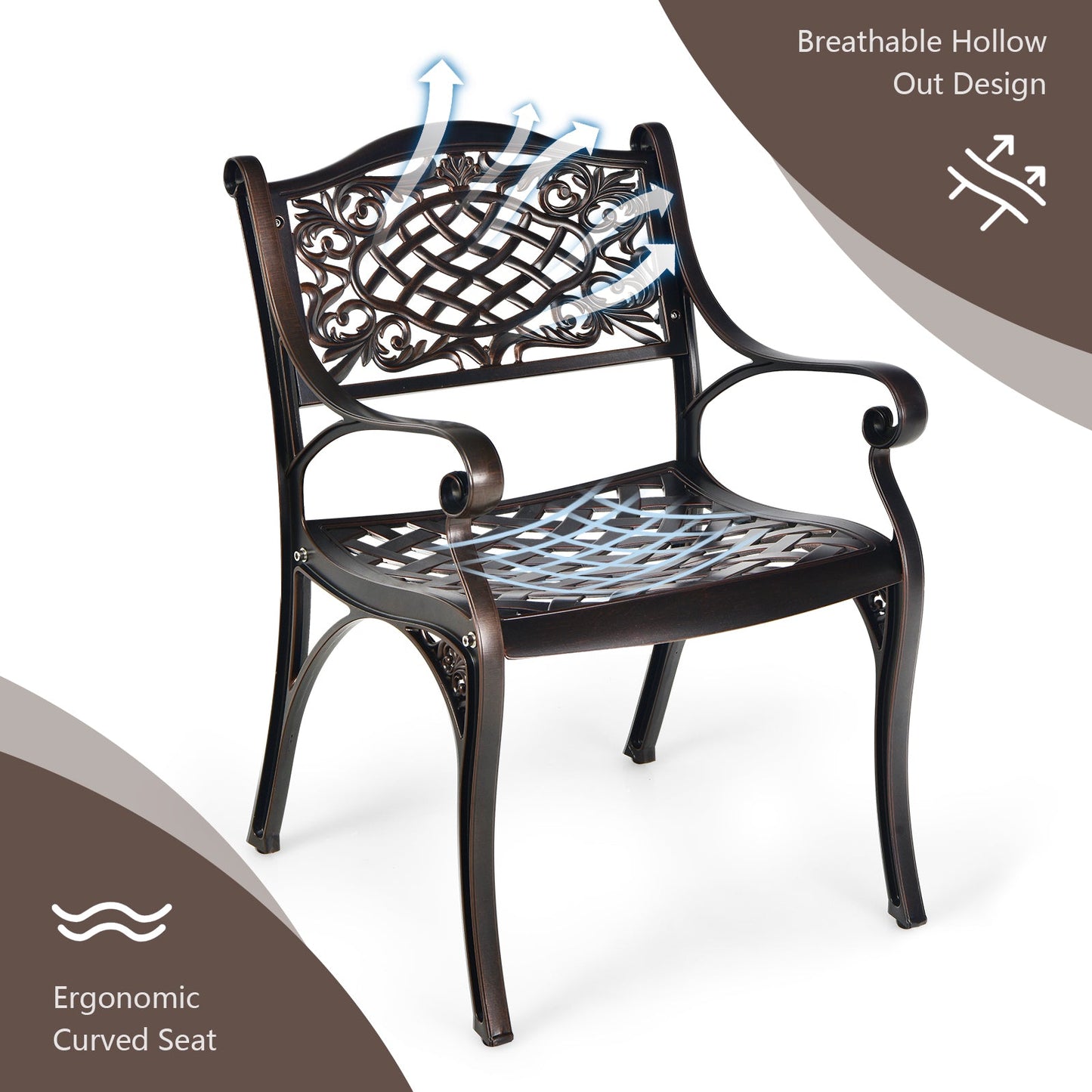 2-Piece Outdoor Cast Aluminum Chairs with Armrests and Curved Seats-Copper, Fully Assembled