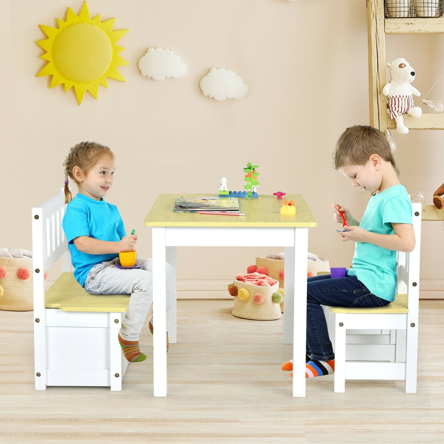 4 Pieces Kids Wooden Activity Table and Chairs Set with Storage Bench and Study Desk-Natural (unassembled)