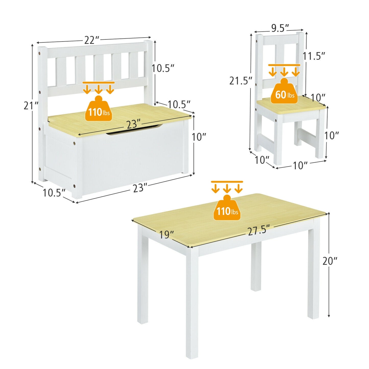 4 Pieces Kids Wooden Activity Table and Chairs Set with Storage Bench and Study Desk-Natural (unassembled)
