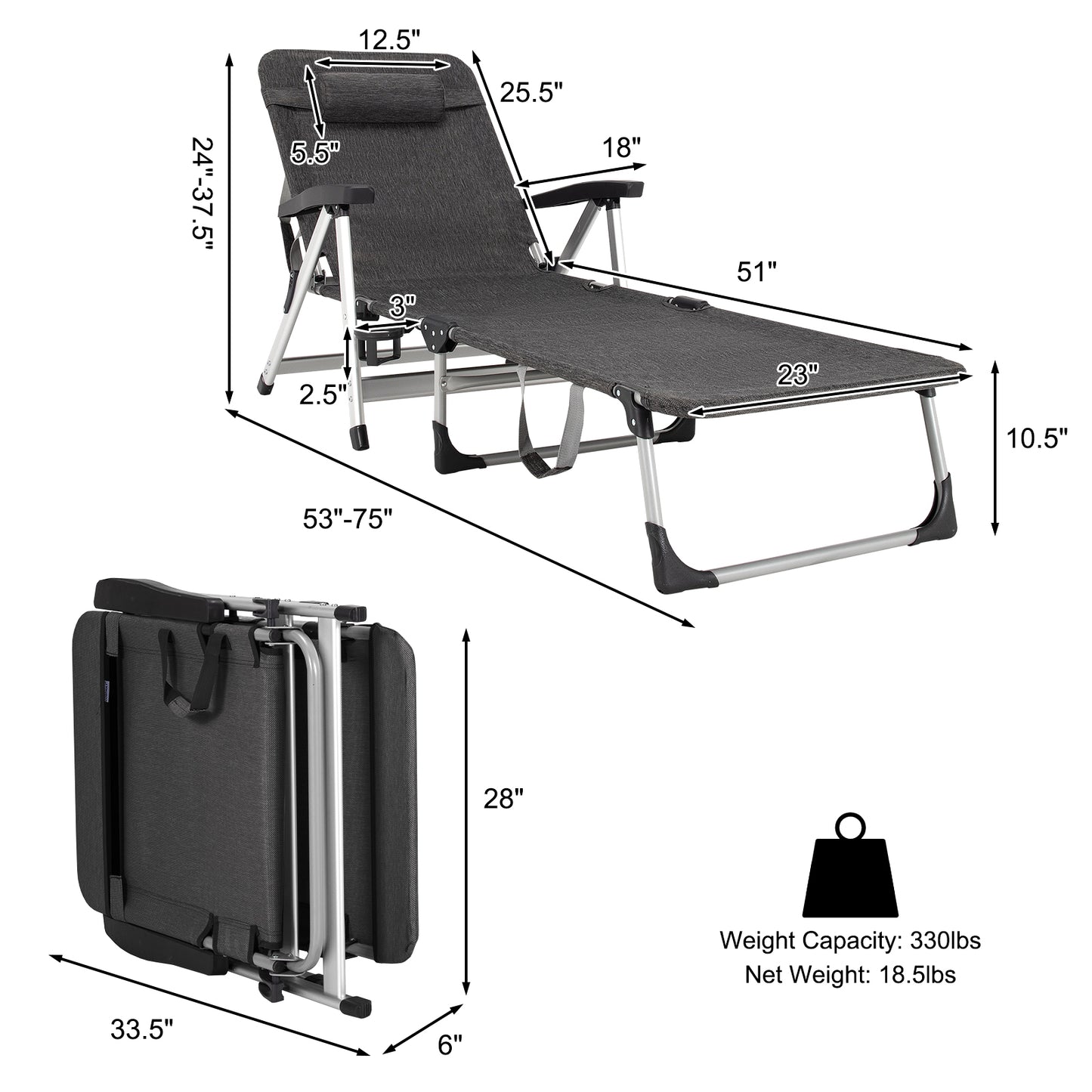 Beach Folding Chaise Lounge Recliner with 7 Adjustable Position-Gray, small scratches