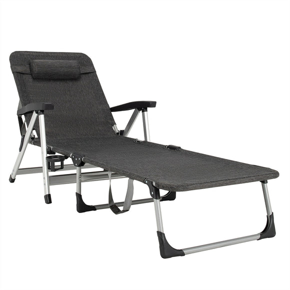Beach Folding Chaise Lounge Recliner with 7 Adjustable Position-Gray