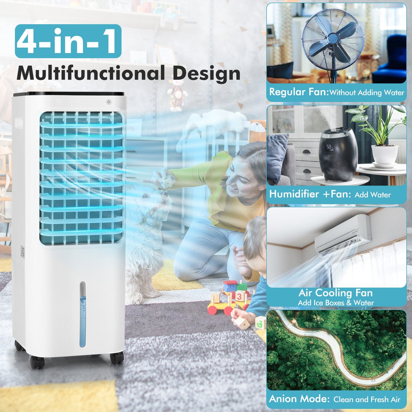Final Sale - 4-in-1 Evaporative Air Cooler with 12L Water Tank -White (Scratch & Dent)