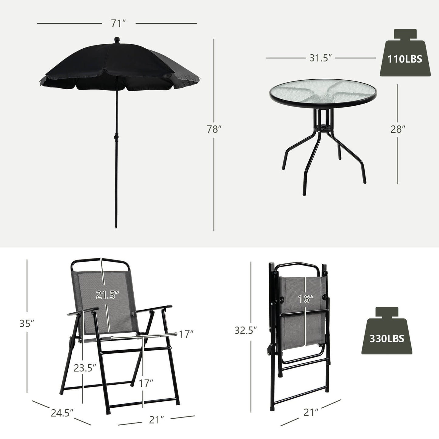 6 Pieces Patio Dining Set Folding Chairs Glass Table and Umbrella -Black (Scratch and Dent)