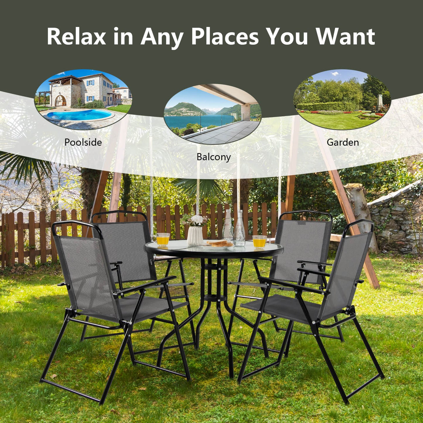 6 Pieces Patio Dining Set Folding Chairs Glass Table and Umbrella -Black (Scratch and Dent)