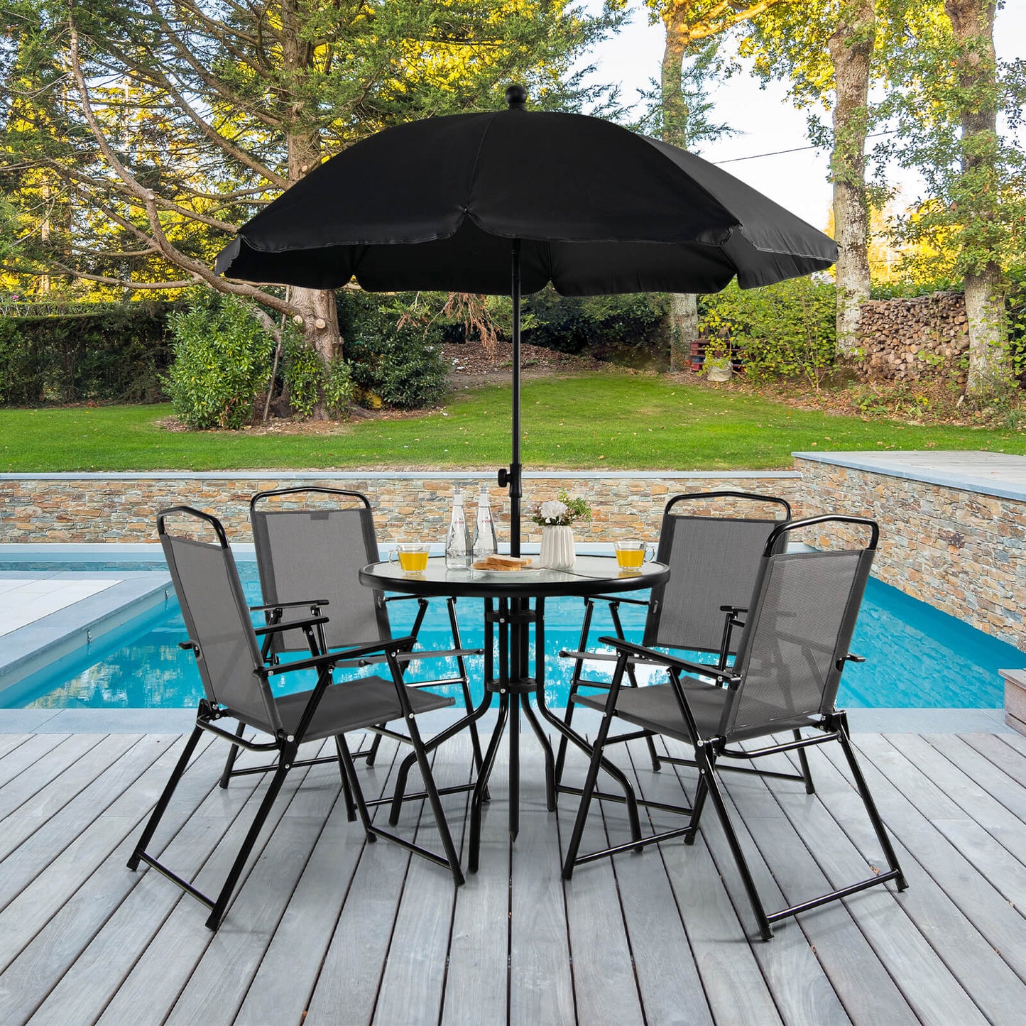 6 Pieces Patio Dining Set Folding Chairs Glass Table and Umbrella -Black (Scratch and Dent)