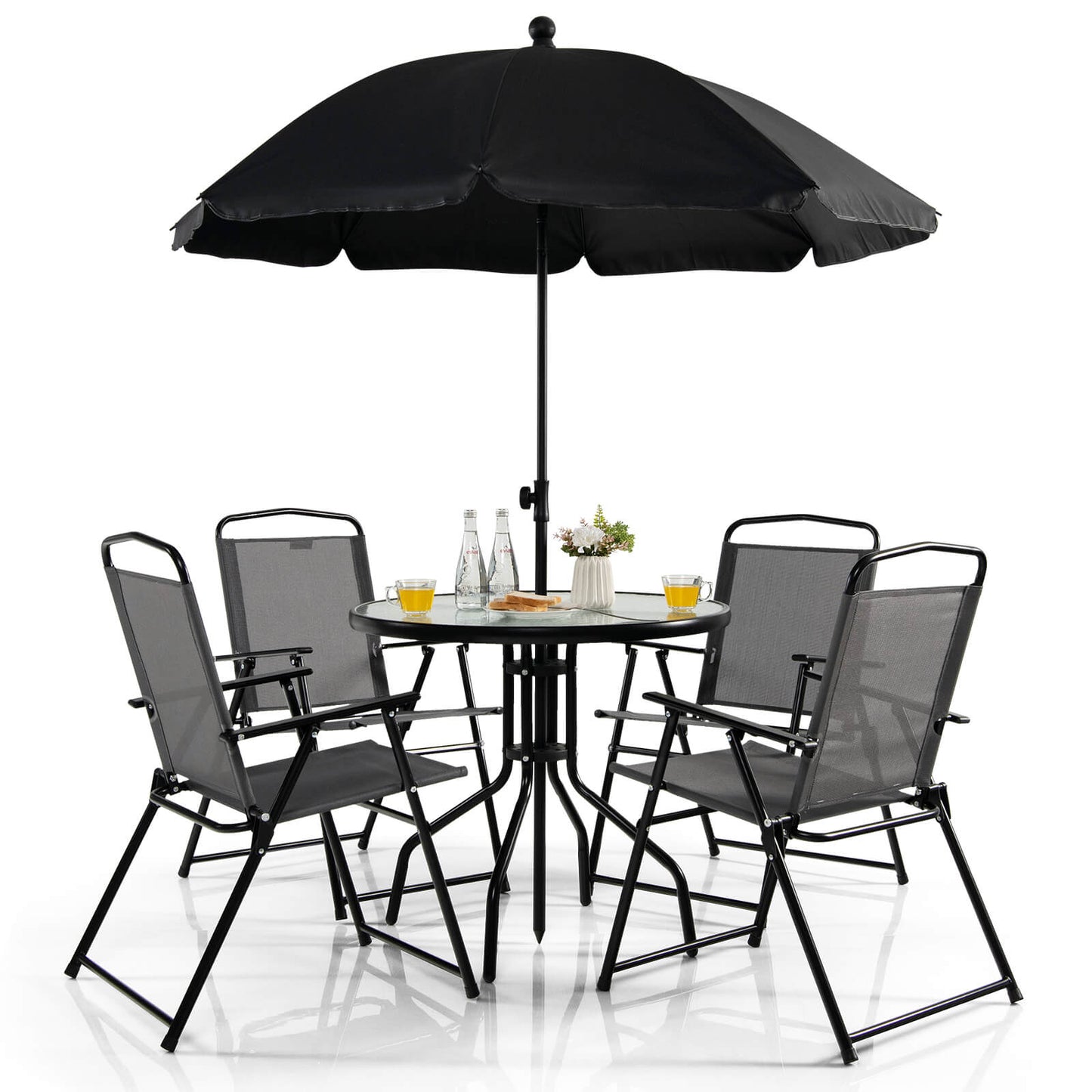 6 Pieces Patio Dining Set Folding Chairs Glass Table and Umbrella -Black (Scratch and Dent)