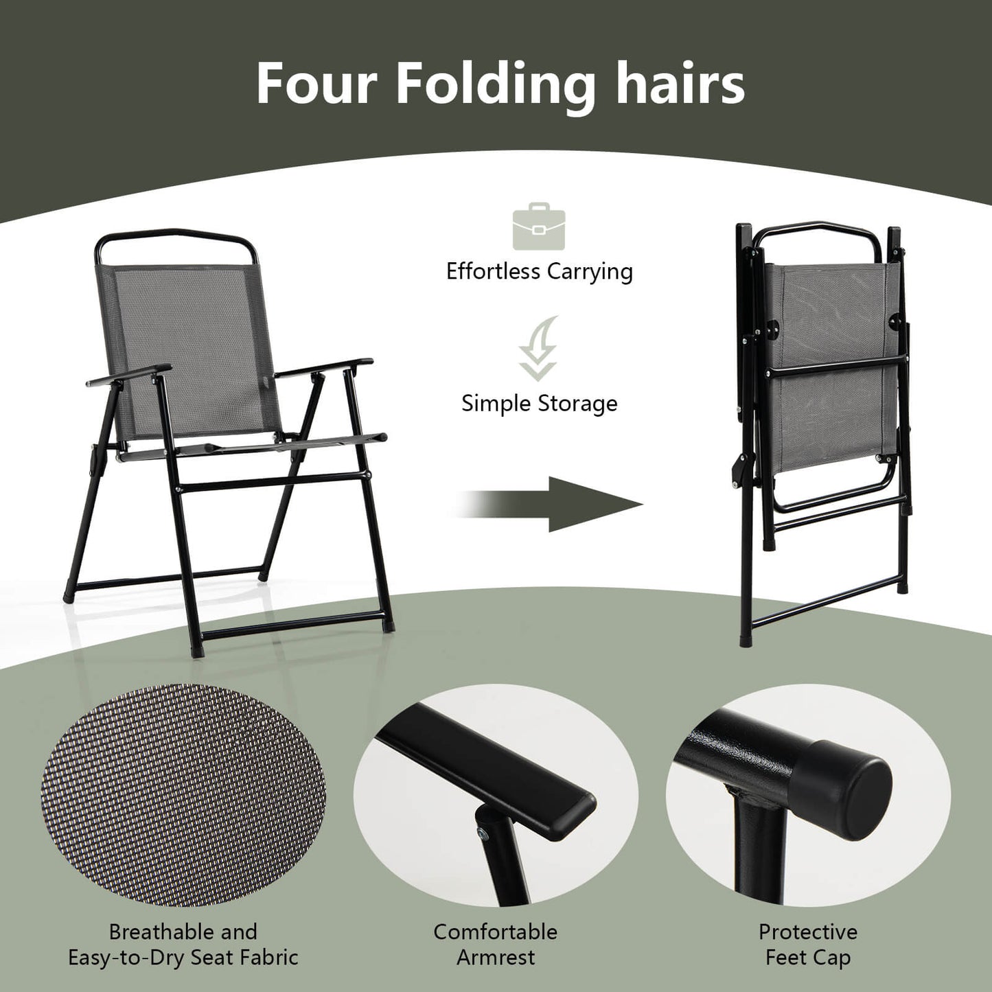 6 Pieces Patio Dining Set Folding Chairs Glass Table and Umbrella -Black (Scratch and Dent)