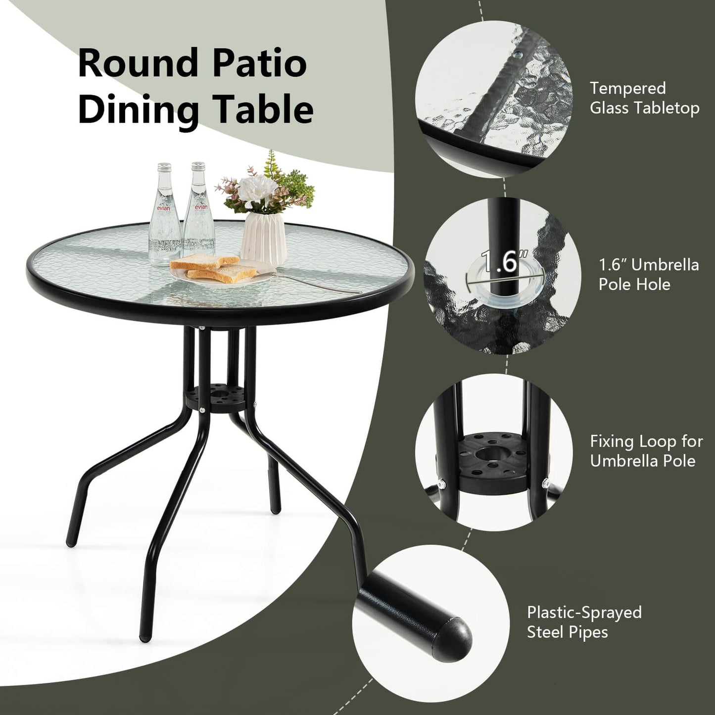 6 Pieces Patio Dining Set Folding Chairs Glass Table and Umbrella -Black (Scratch and Dent)