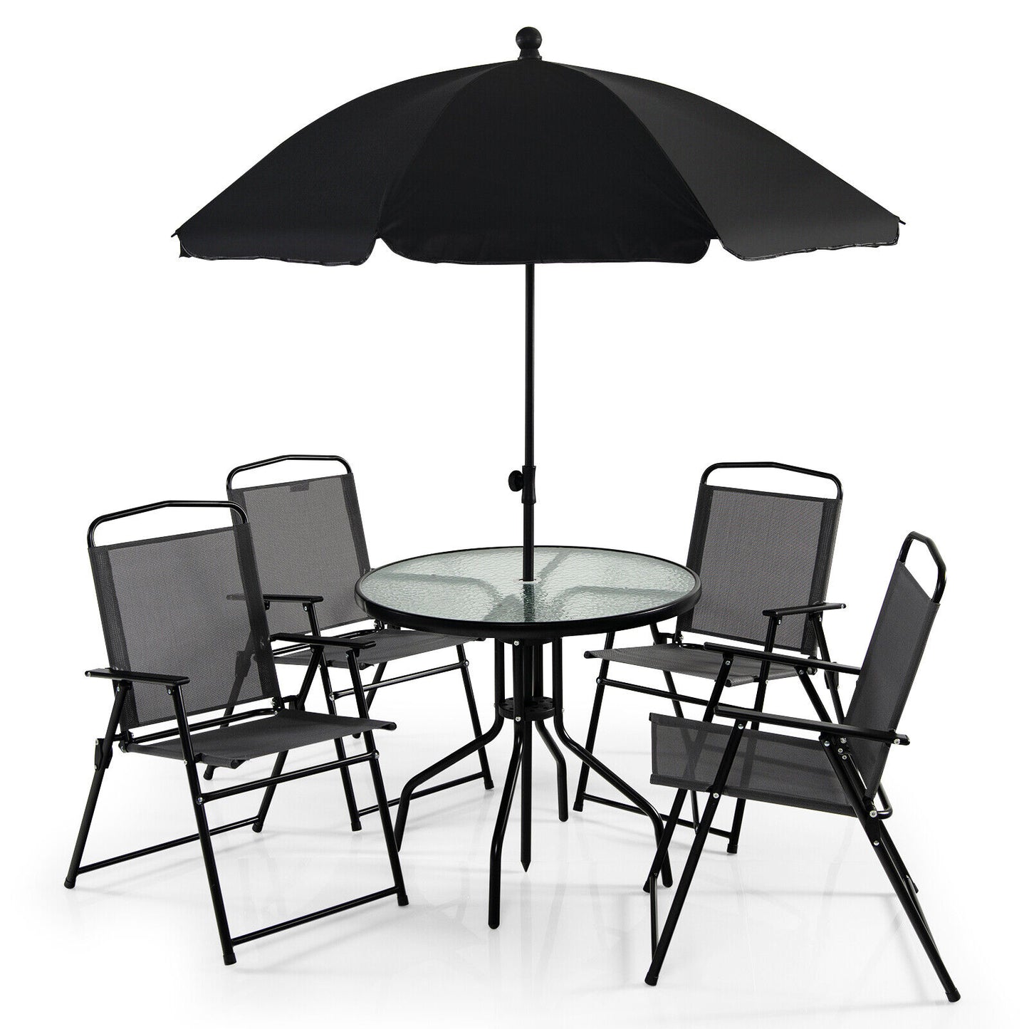 6 Pieces Patio Dining Set Folding Chairs Glass Table and Umbrella -Black (Scratch and Dent)