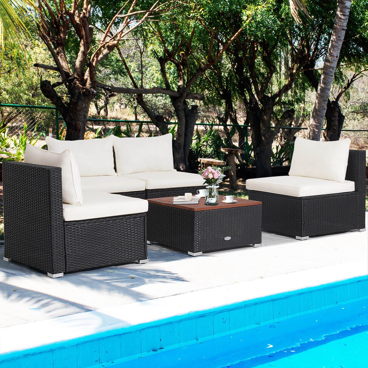 5 Piece Outdoor Furniture Set with Solid Tabletop and Soft Cushions, Fully Assembled