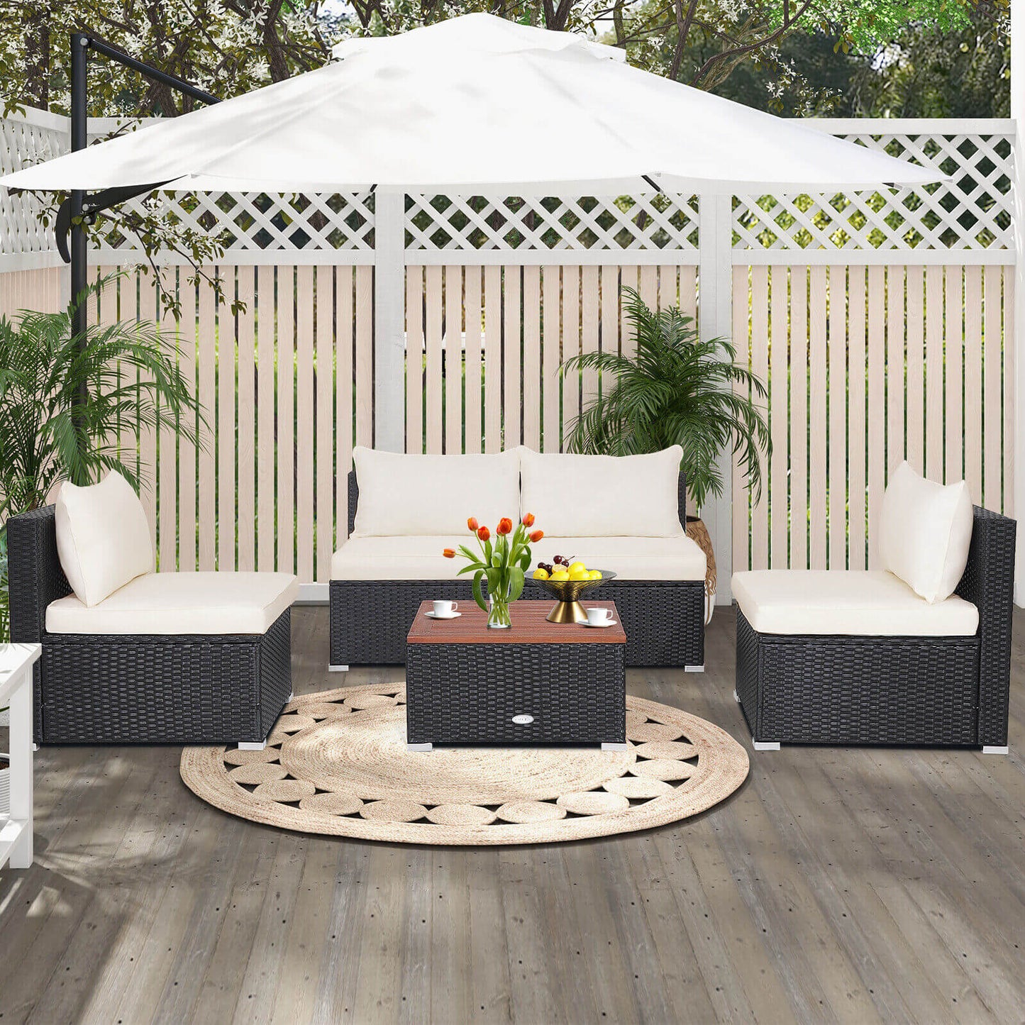 5 Piece Outdoor Furniture Set with Solid Tabletop and Soft Cushions, Fully Assembled