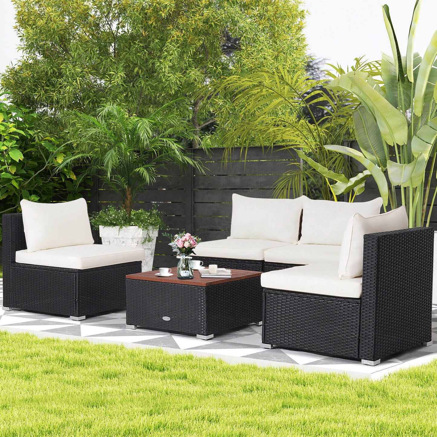 5 Piece Outdoor Furniture Set with Solid Tabletop and Soft Cushions, Fully Assembled
