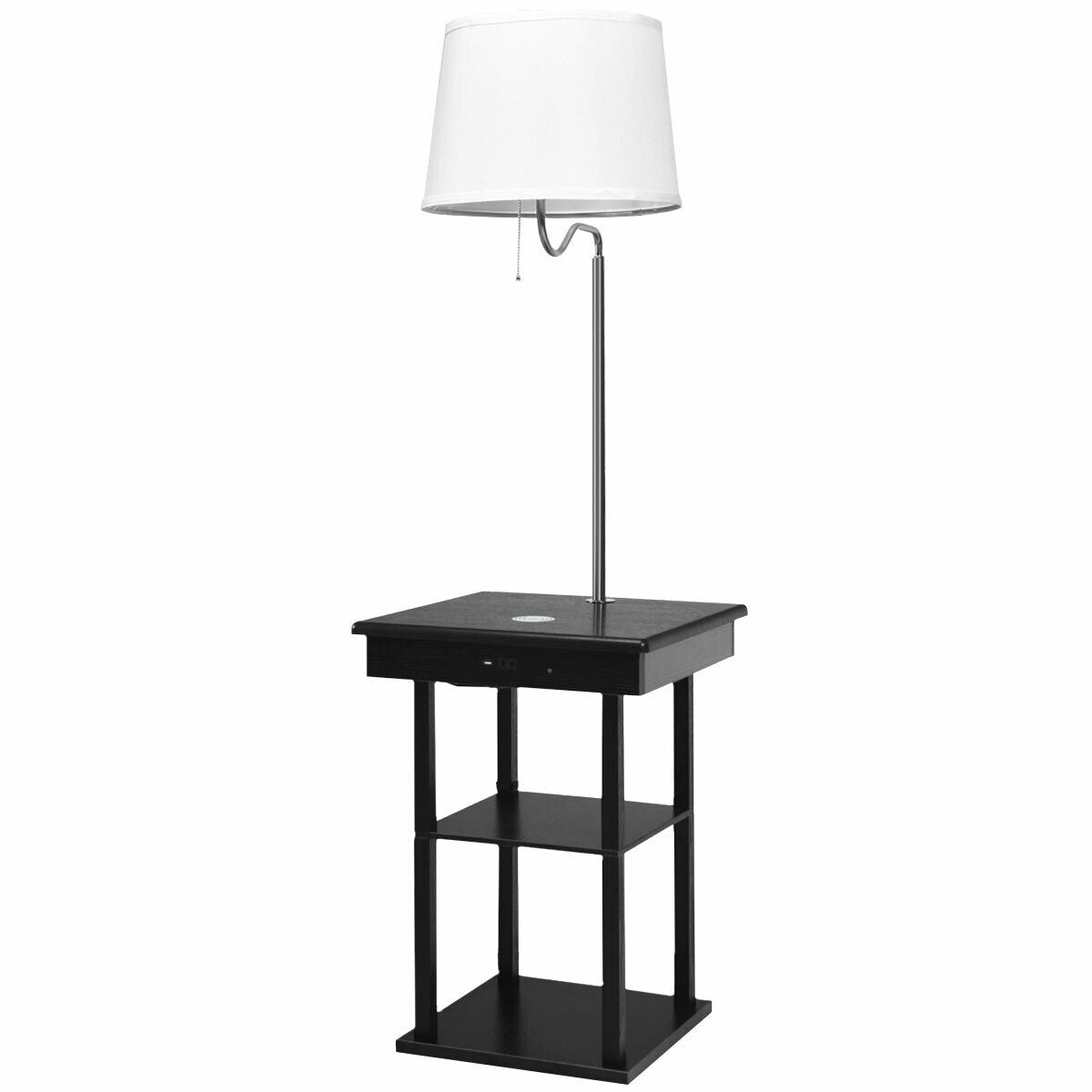 Floor Lamp Bedside Desk with  wireless charging, USB Charging Ports Shelves-Black, fully assembled