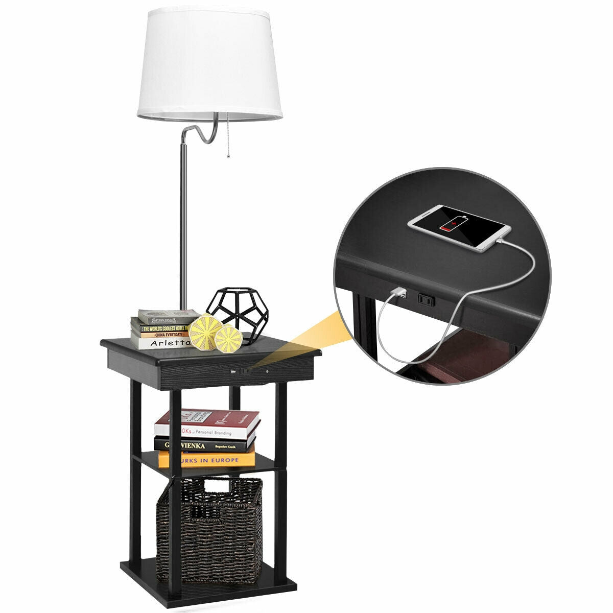 Floor Lamp Bedside Desk with  wireless charging, USB Charging Ports Shelves-Black, fully assembled